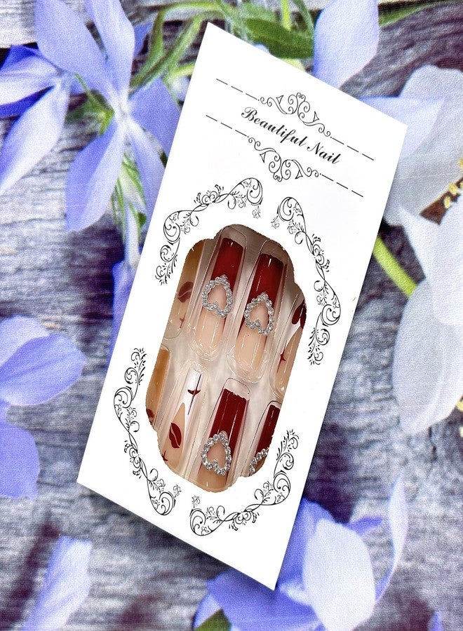 CJDLTS Heart Fake Nails Valentine's Red French Tip Press on Nails Long Red Love Heart Lip Design Acrylic Nails 3D Heart Coffin Nails Square Artificial Nails Full Cover Holiday Stick on Nails for Women - Image 4